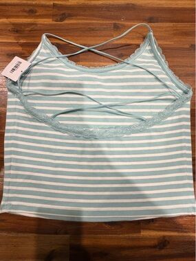 American Eagle - Size XL - Strappy Striped Lace-Trim Tank Top - Light Aqua/White